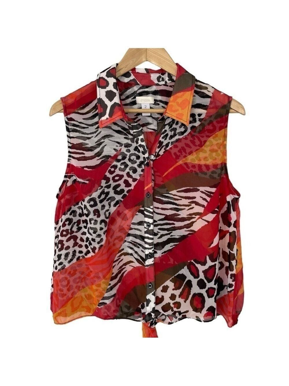 Chicos Sheer Sleeveless Top Sz 2 M Animal Print Bold Button Front Sexy Casual